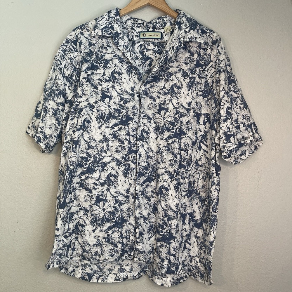 Havanera Co Men's XL Linen Cotton Blend Button Up Shirt Blue Guayabera Vacation